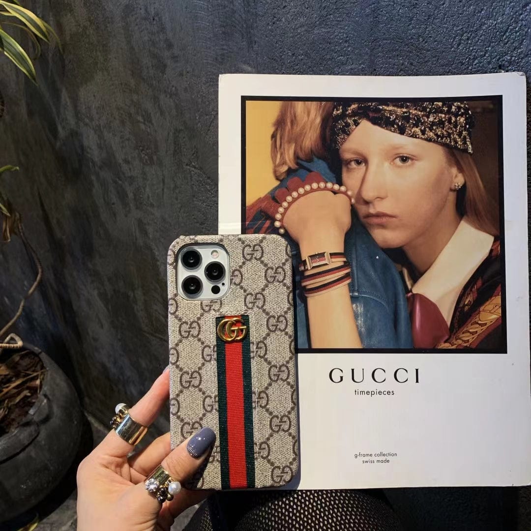 CherifCrochet Gucci Monogram Canvas iPhone Case with Stripe Detail