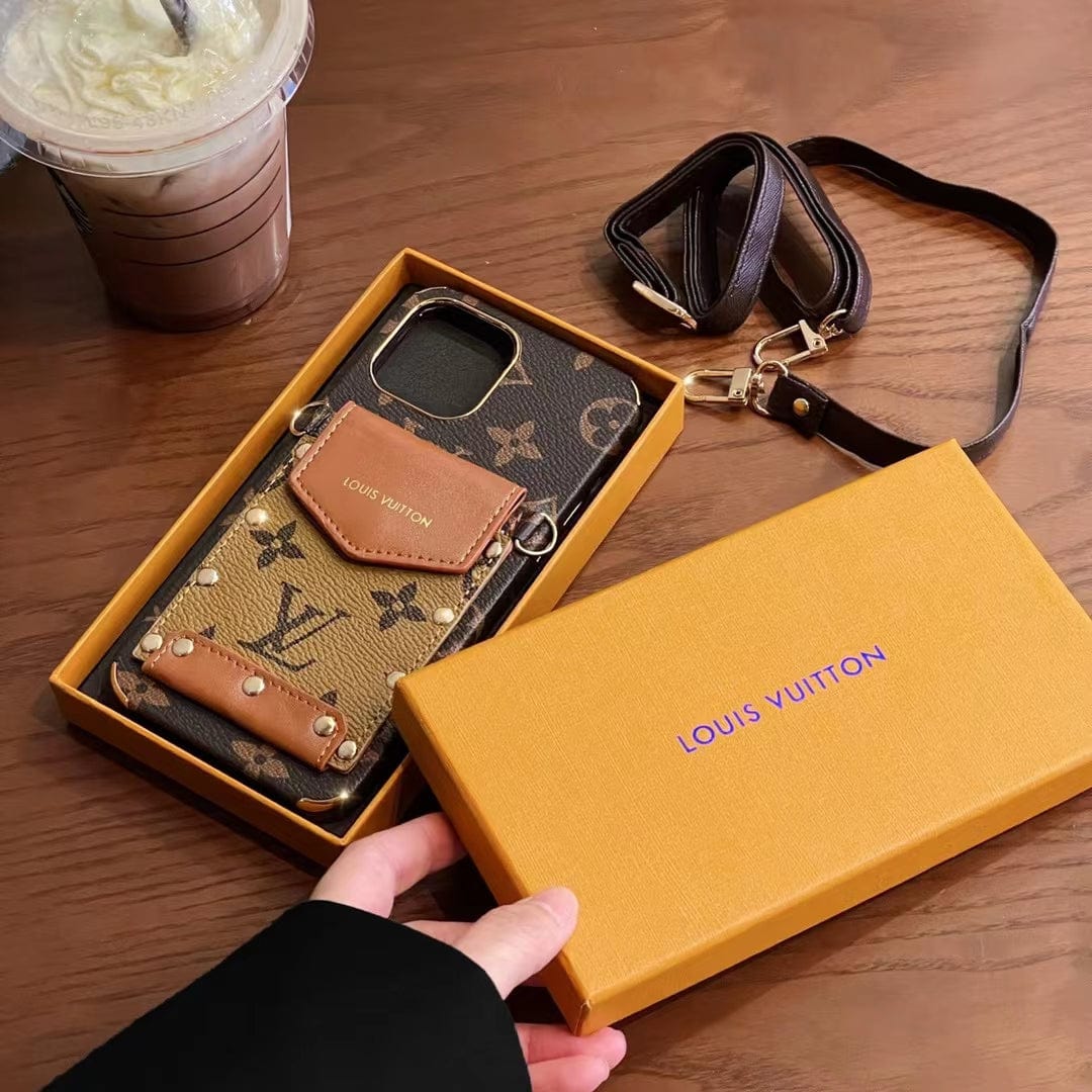 CherifCrochet iPhone 12 - 15 Pro Max Leather Case With Louis Vuitton Phone Case Crossbody Lanyard Card