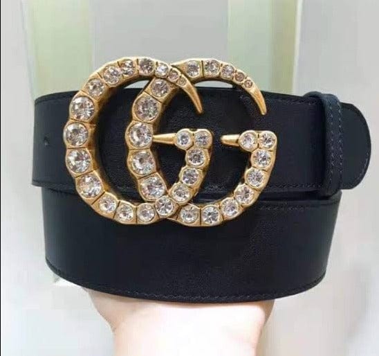 Tunde Store Black Gucci Belt - Golden Finished Crystaled Gucci Buckle