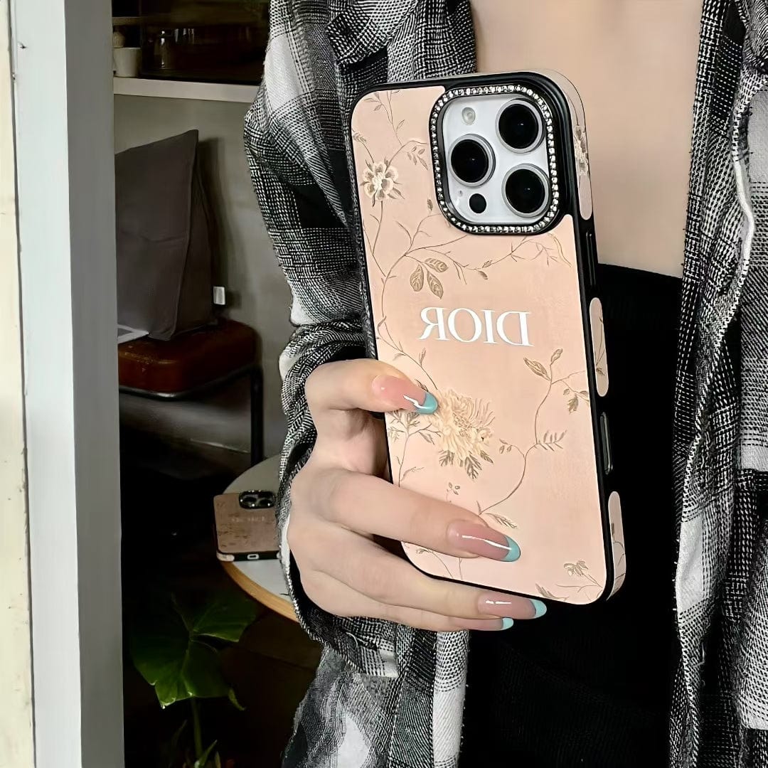 Tunde Store Dior Floral Embossed Leather iPhone Case with Rhinestone Camera Frame
