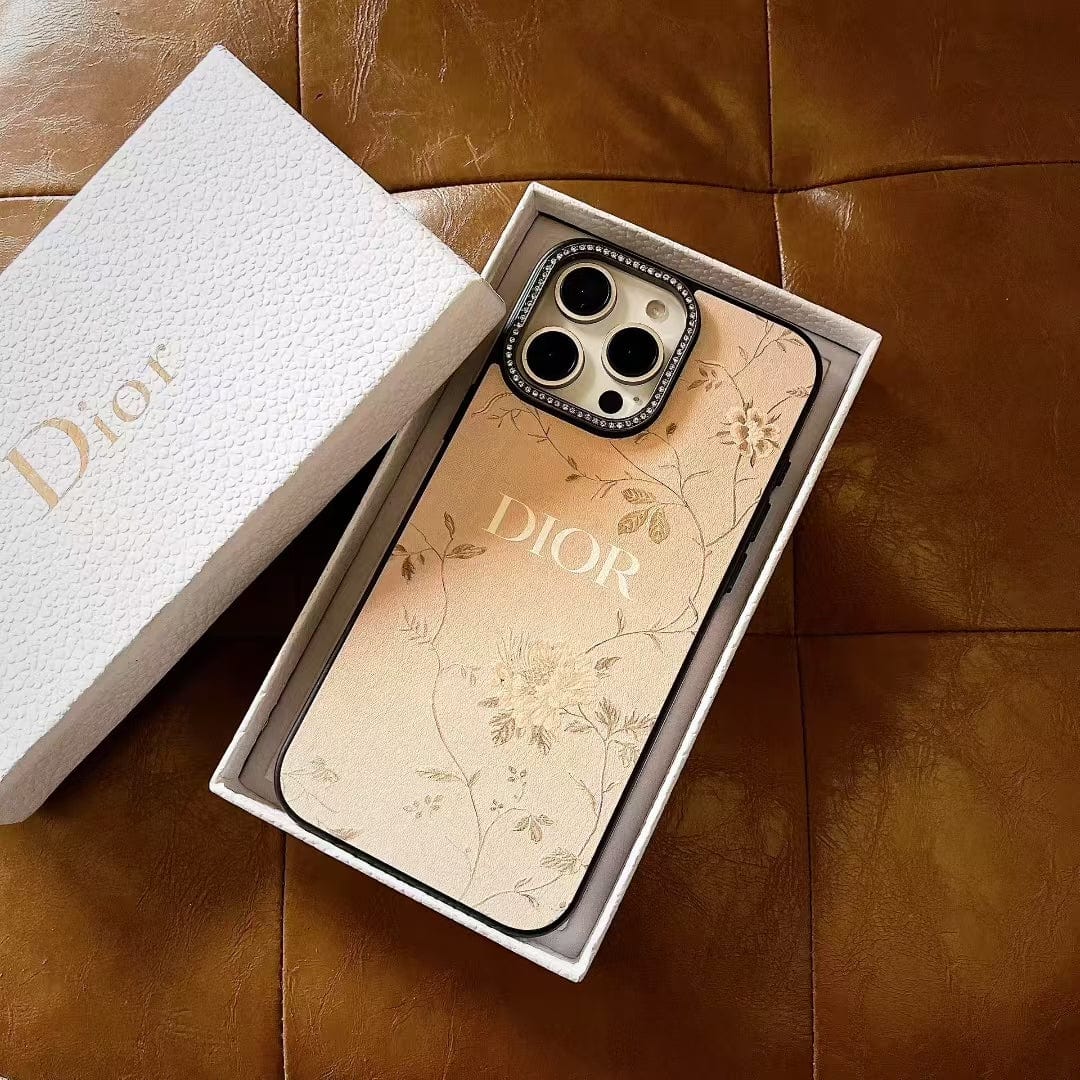 Tunde Store Dior Floral Embossed Leather iPhone Case with Rhinestone Camera Frame