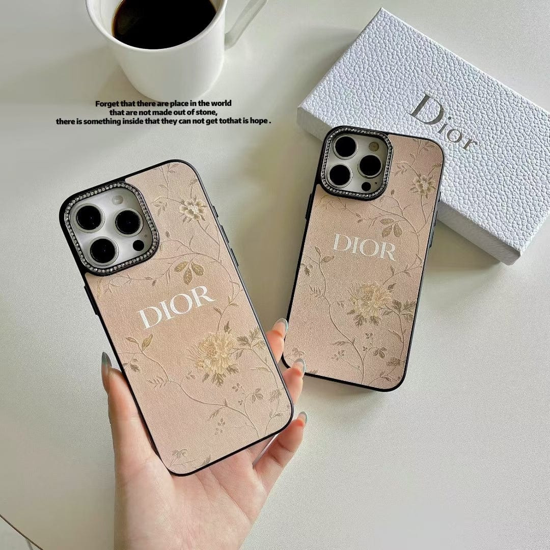 Tunde Store Dior Floral Embossed Leather iPhone Case with Rhinestone Camera Frame