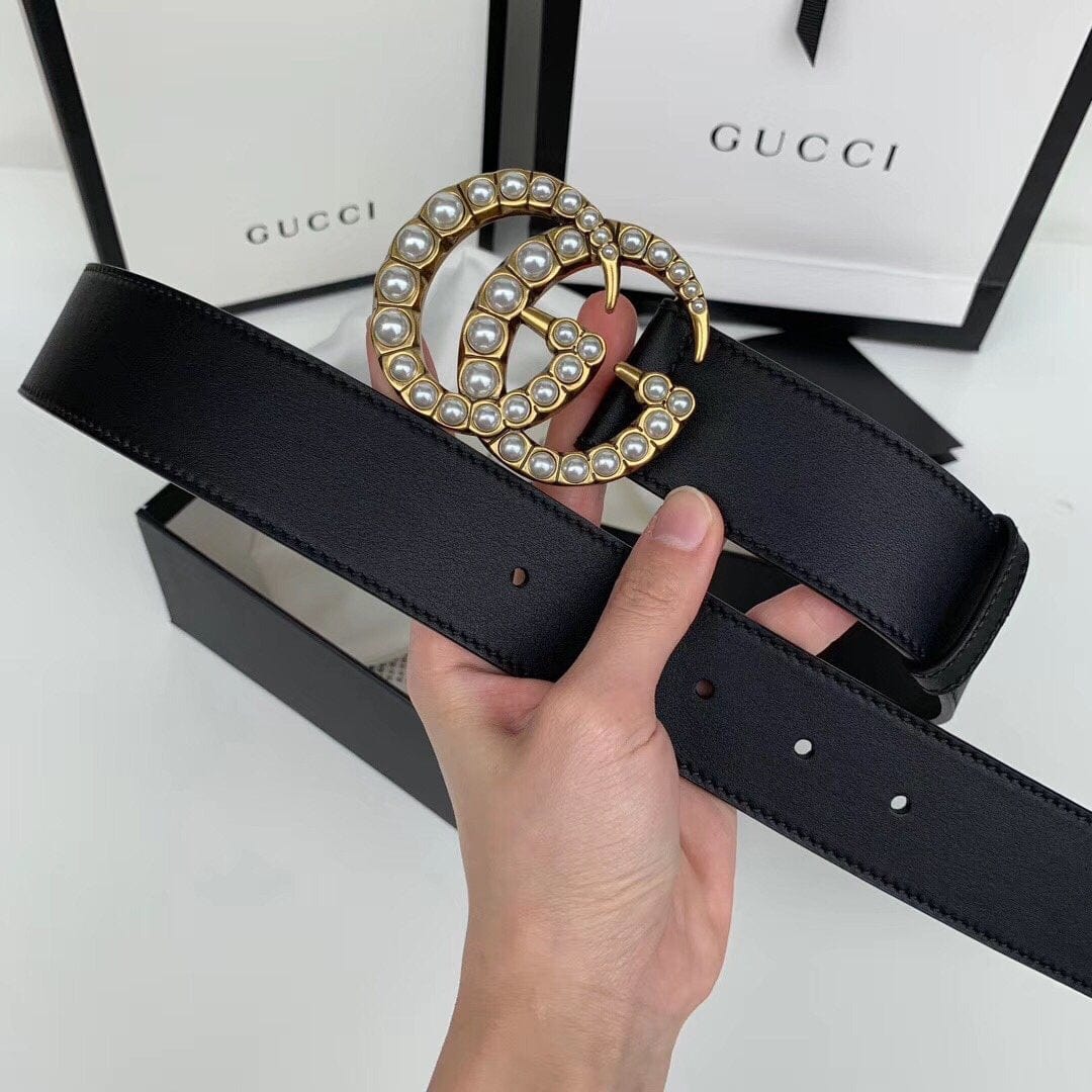 Tunde Store Elegant Black Gucci Leather Belt - Embellished Louis Vuitton Buckle