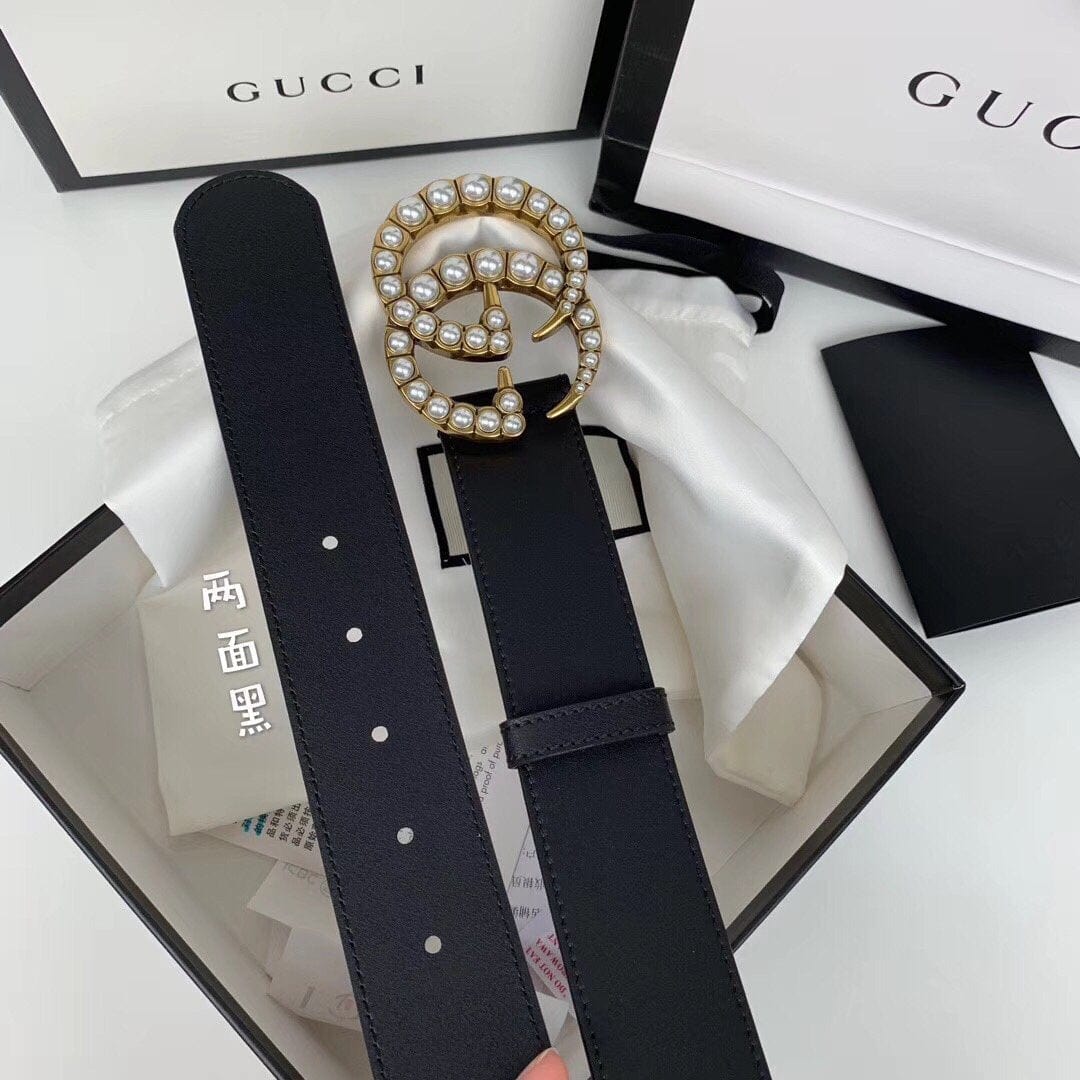 Tunde Store Elegant Black Gucci Leather Belt - Embellished Louis Vuitton Buckle