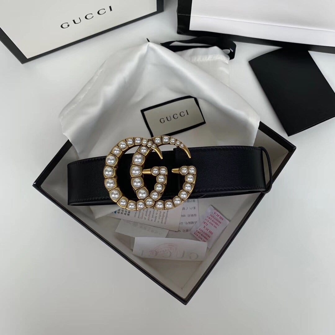 Tunde Store Elegant Black Gucci Leather Belt - Embellished Louis Vuitton Buckle