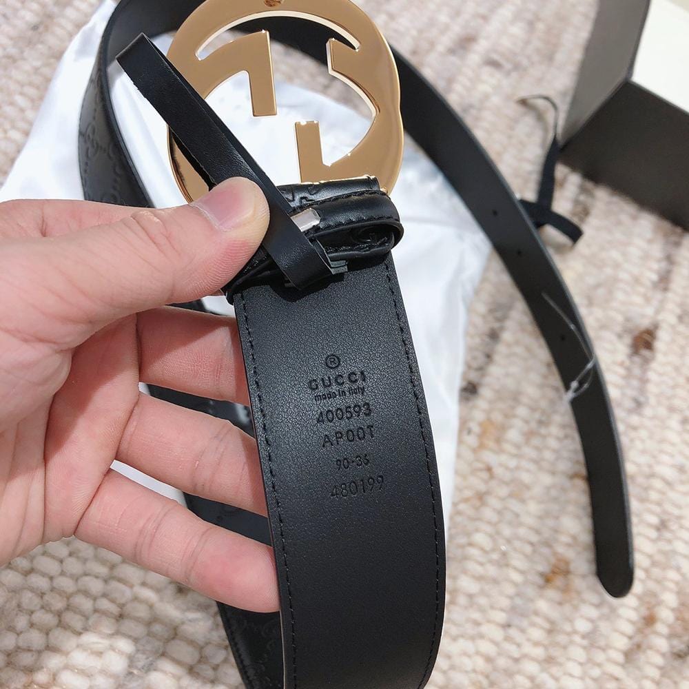 Tunde Store Engraved Black Gucci Belt - Golden Louis Vuitton Buckle