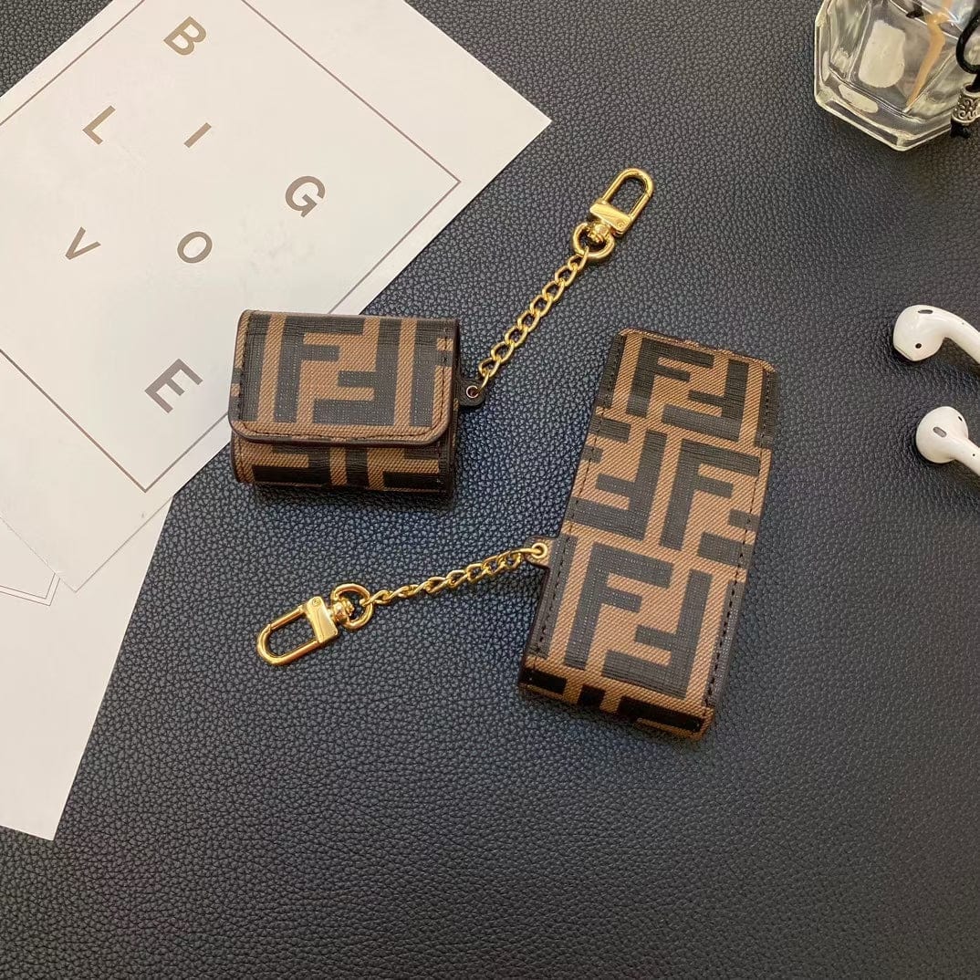 Tunde Store Fendi Monogram Airpod Covers with Gold Chain