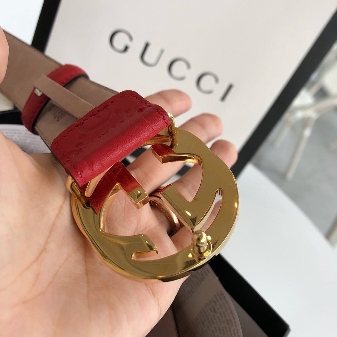 Tunde Store Gucci Red Leather Belt with Golden Gucci Buckle