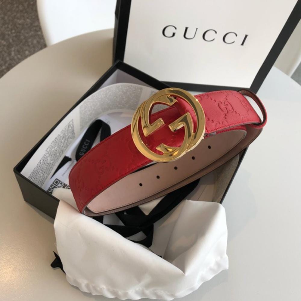 Tunde Store Gucci Red Leather Belt with Golden Gucci Buckle