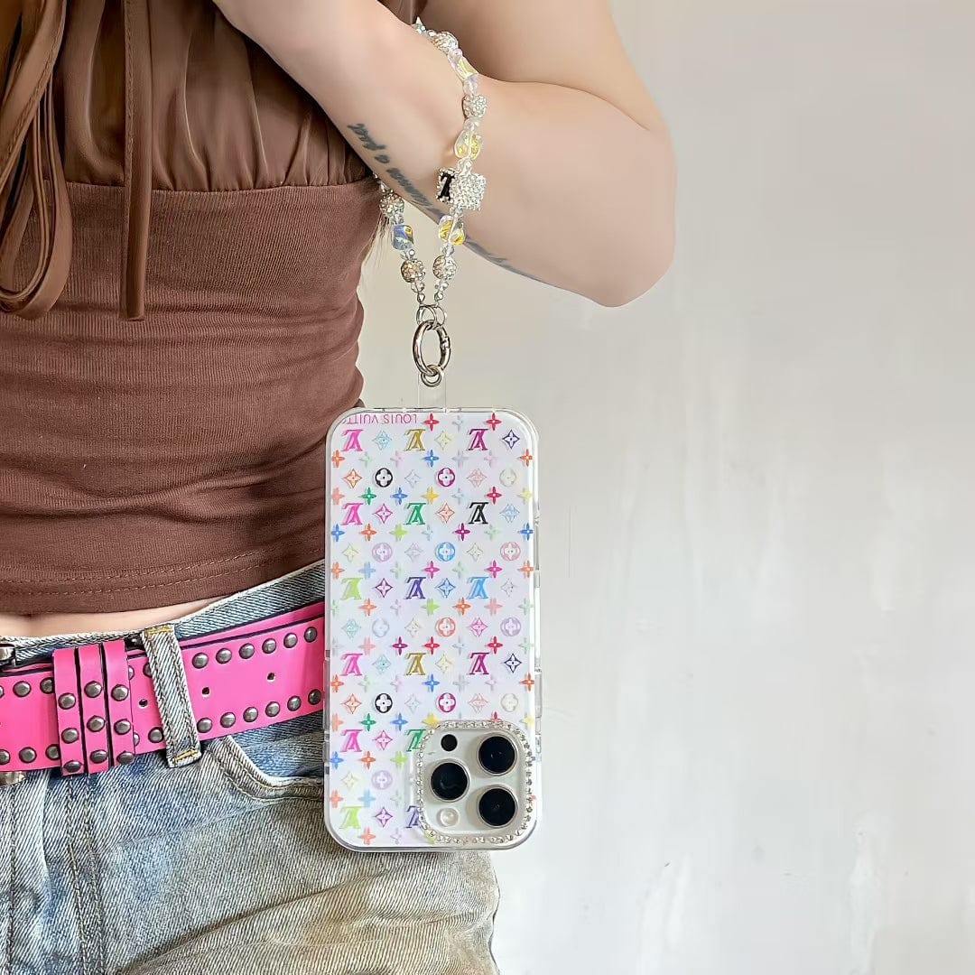 Tunde Store Louis Vuitton Rainbow Monogram Clear iPhone Case with Crystal Camera Ring & Beaded Chain