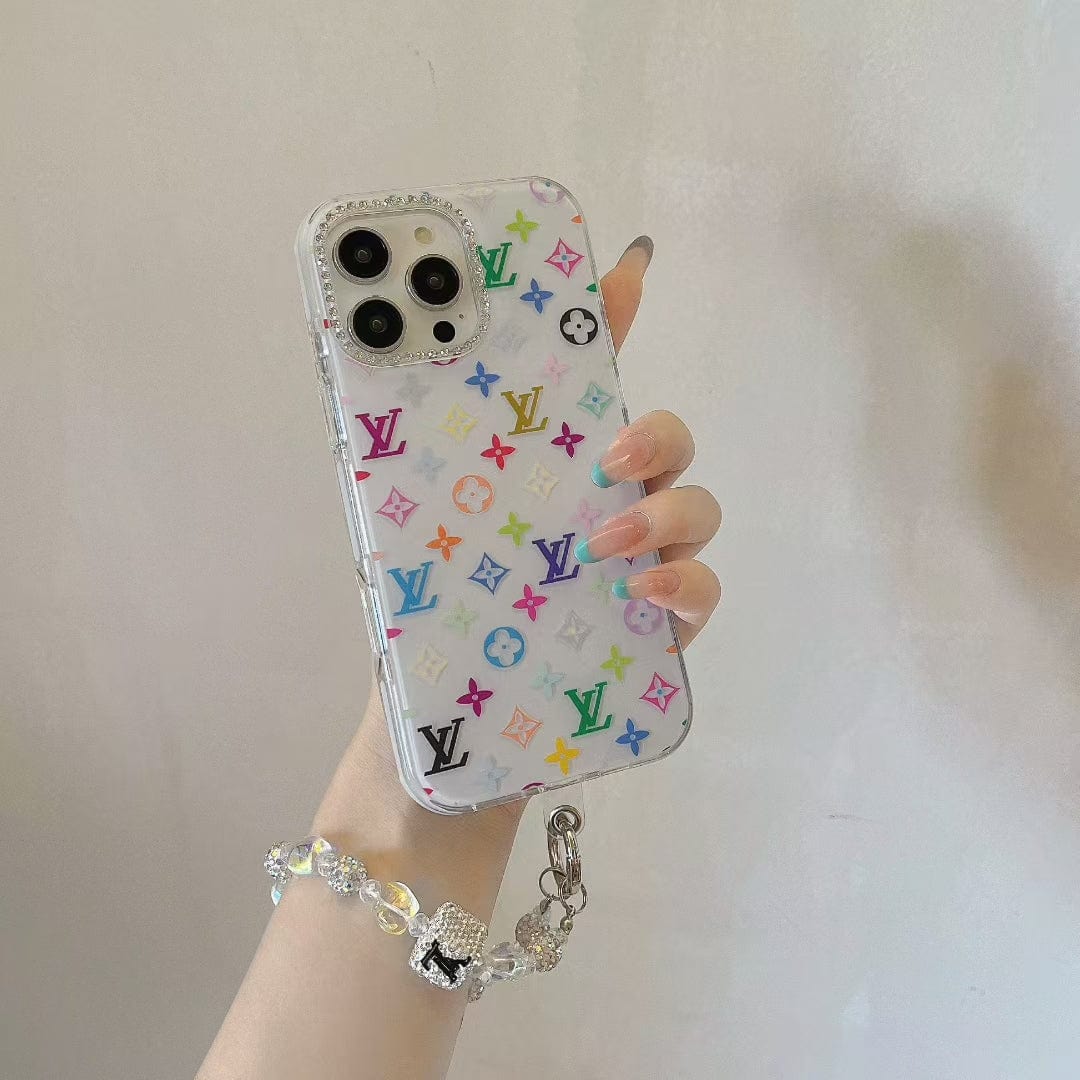 Tunde Store Louis Vuitton Rainbow Monogram Clear iPhone Case with Crystal Camera Ring & Beaded Chain