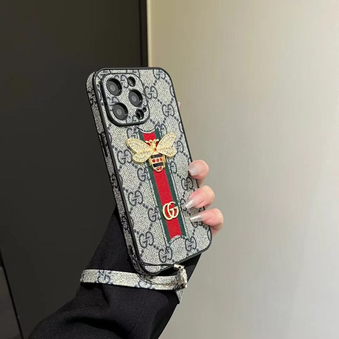 Tunde Store Luxury Bee Emblem Designer Phone Case for iPhone 11 to 16 with Wrist Strap
