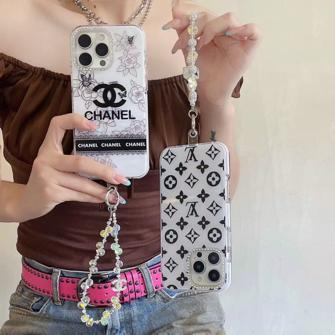 Tunde Store Luxury Monochrome iPhone Case Set – Louis Vuitton & Chanel Inspired with Beaded Strap