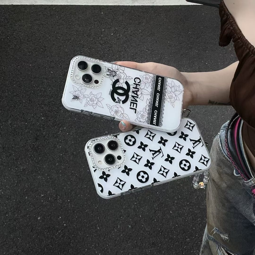 Tunde Store Luxury Monochrome iPhone Case Set – Louis Vuitton & Chanel Inspired with Beaded Strap