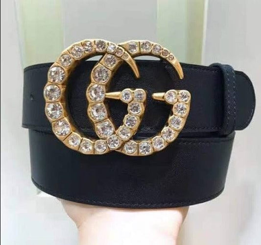 Tunde Store Black Gucci Belt - Golden Finished Crystaled Gucci Buckle
