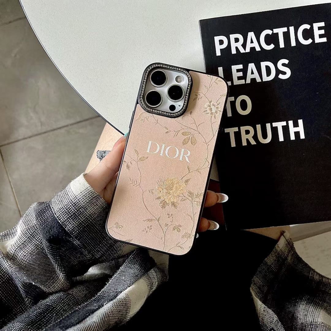 Tunde Store Dior Floral Embossed Leather iPhone Case with Rhinestone Camera Frame