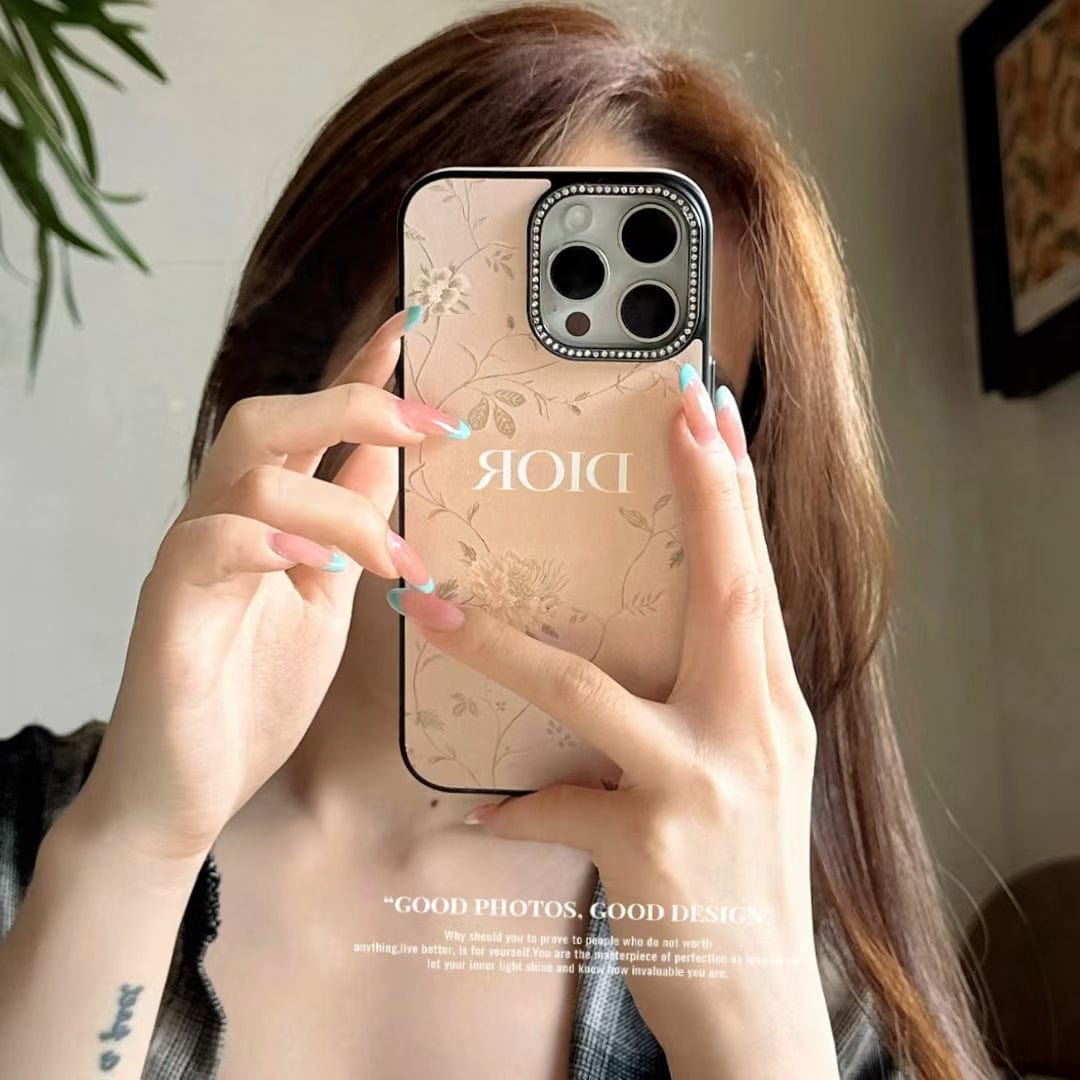 Tunde Store Dior Floral Embossed Leather iPhone Case with Rhinestone Camera Frame