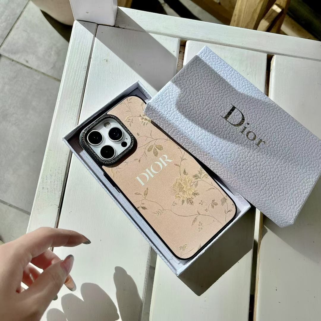 Tunde Store Dior Floral Embossed Leather iPhone Case with Rhinestone Camera Frame