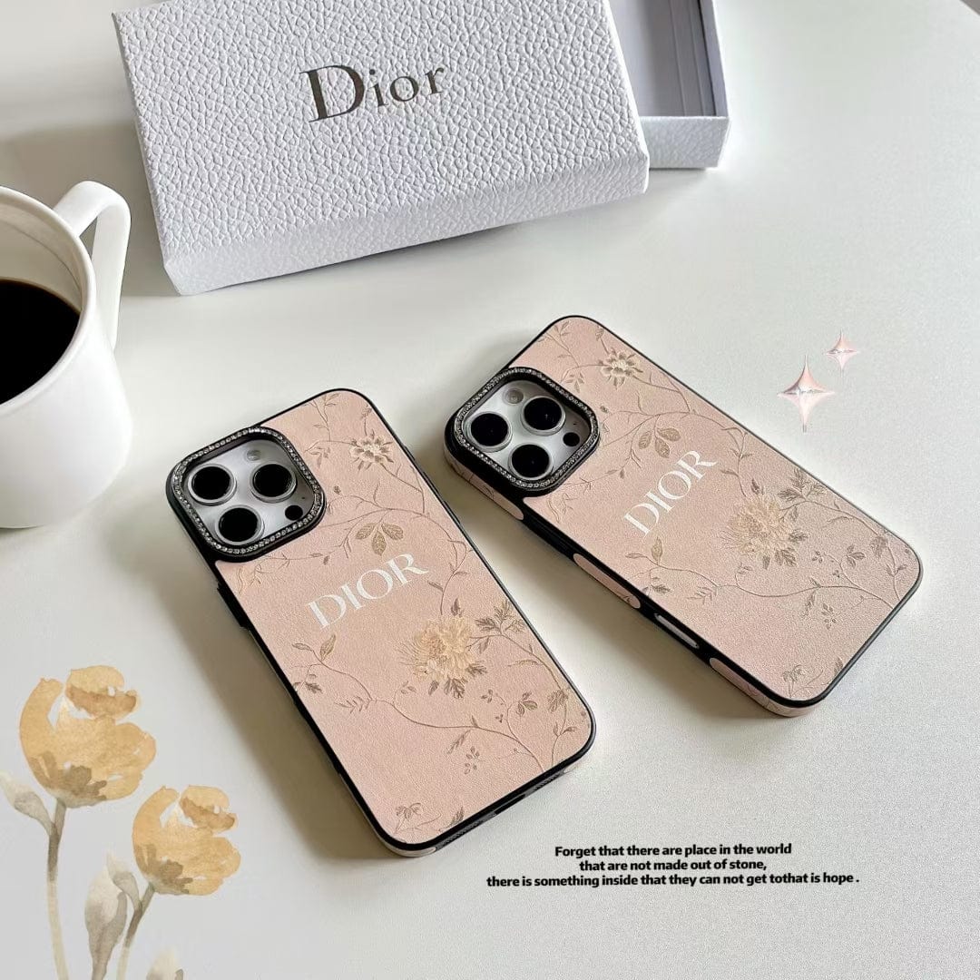 Tunde Store Dior Floral Embossed Leather iPhone Case with Rhinestone Camera Frame