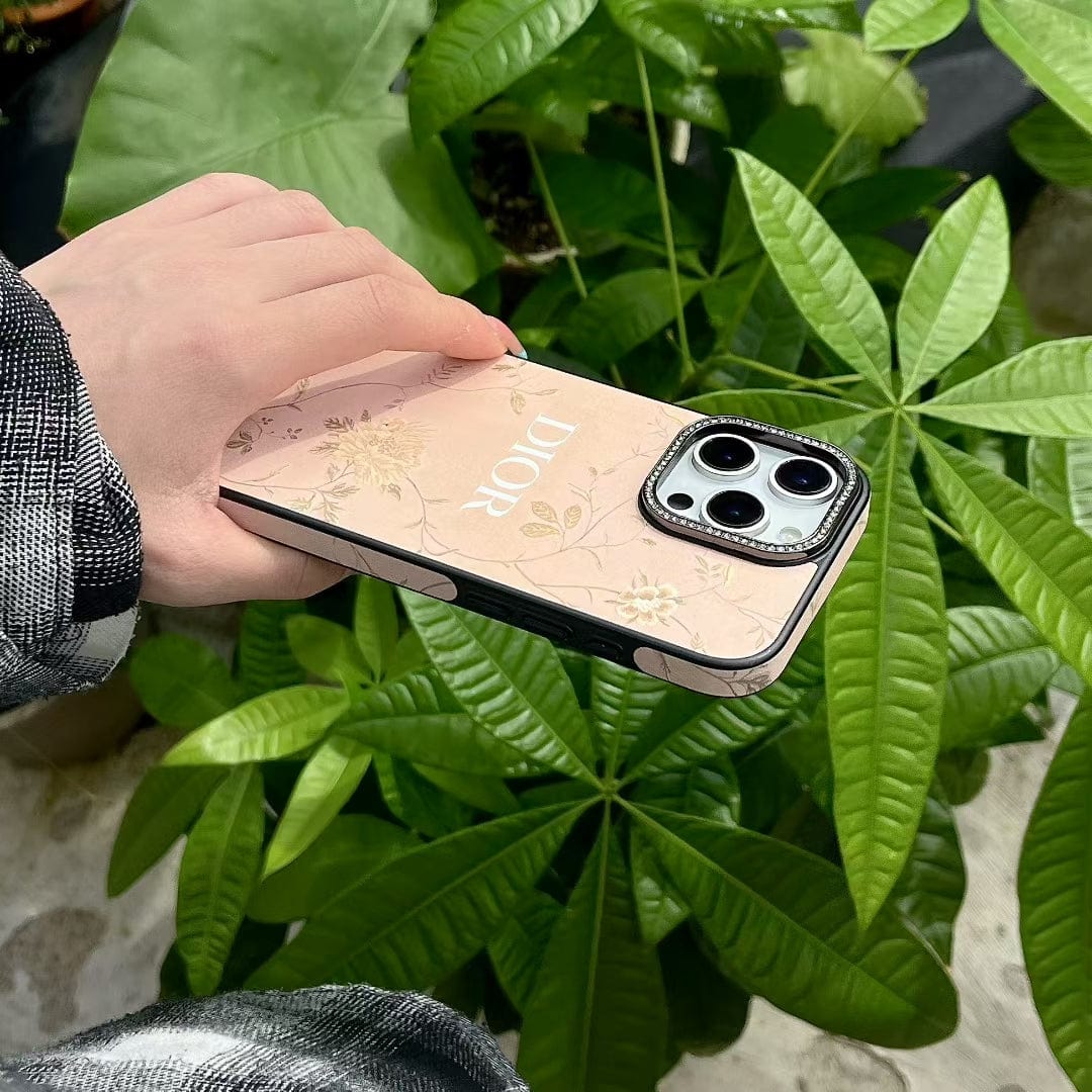 Tunde Store Dior Floral Embossed Leather iPhone Case with Rhinestone Camera Frame