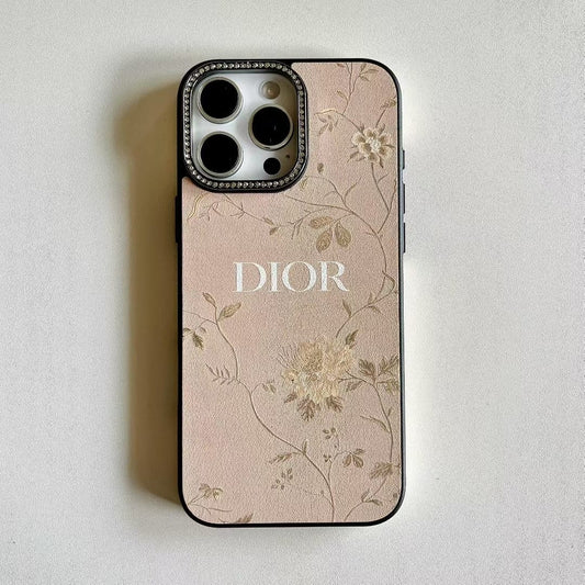 Tunde Store Dior Floral Embossed Leather iPhone Case with Rhinestone Camera Frame
