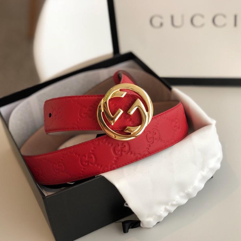 Tunde Store Gucci Red Leather Belt with Golden Gucci Buckle