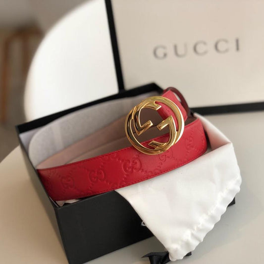 Tunde Store Gucci Red Leather Belt with Golden Gucci Buckle