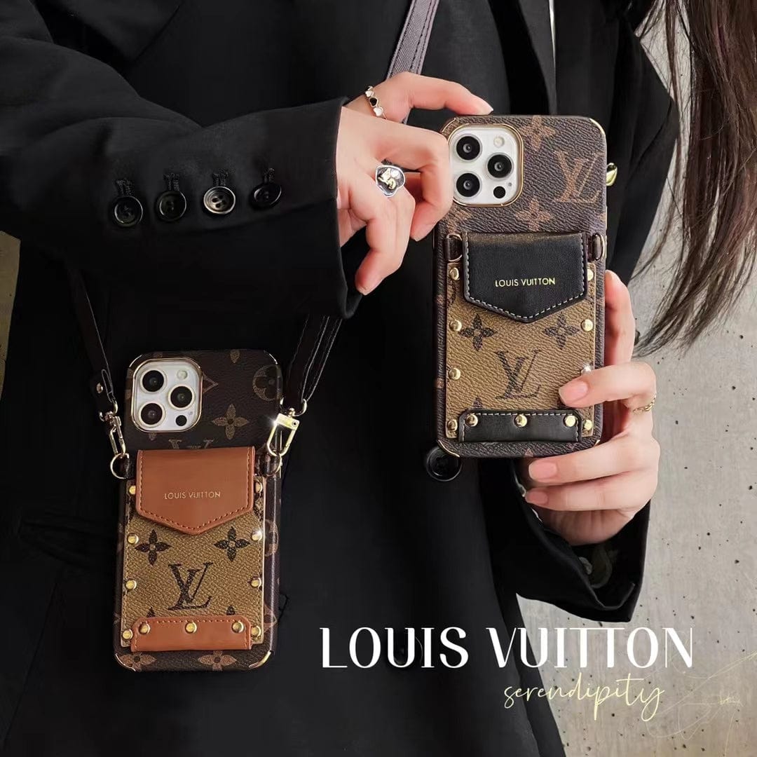 Tunde Store iPhone 12 - 15 Pro Max Leather Case With Louis Vuitton Phone Case Crossbody Lanyard Card