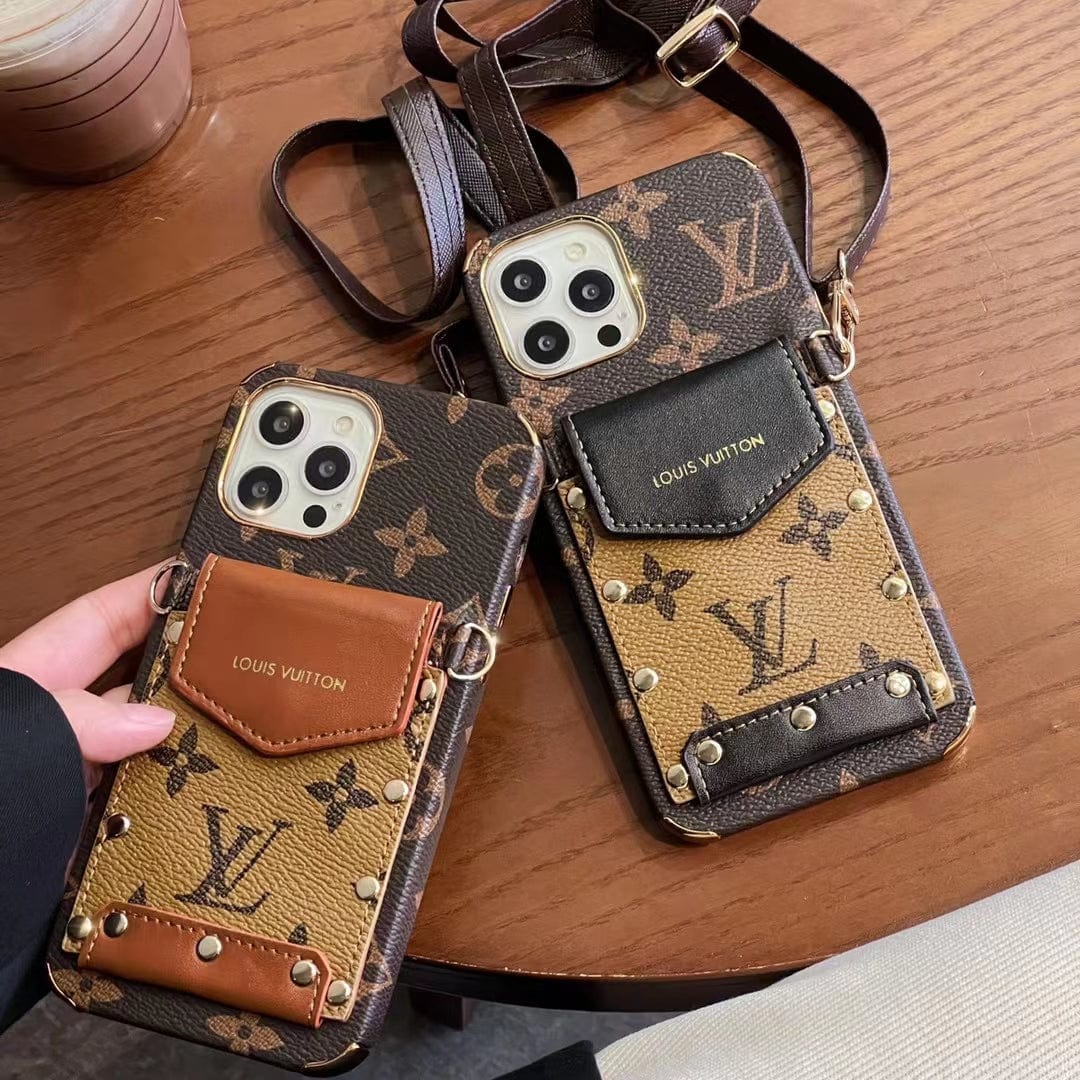 Tunde Store iPhone 12 - 15 Pro Max Leather Case With Louis Vuitton Phone Case Crossbody Lanyard Card