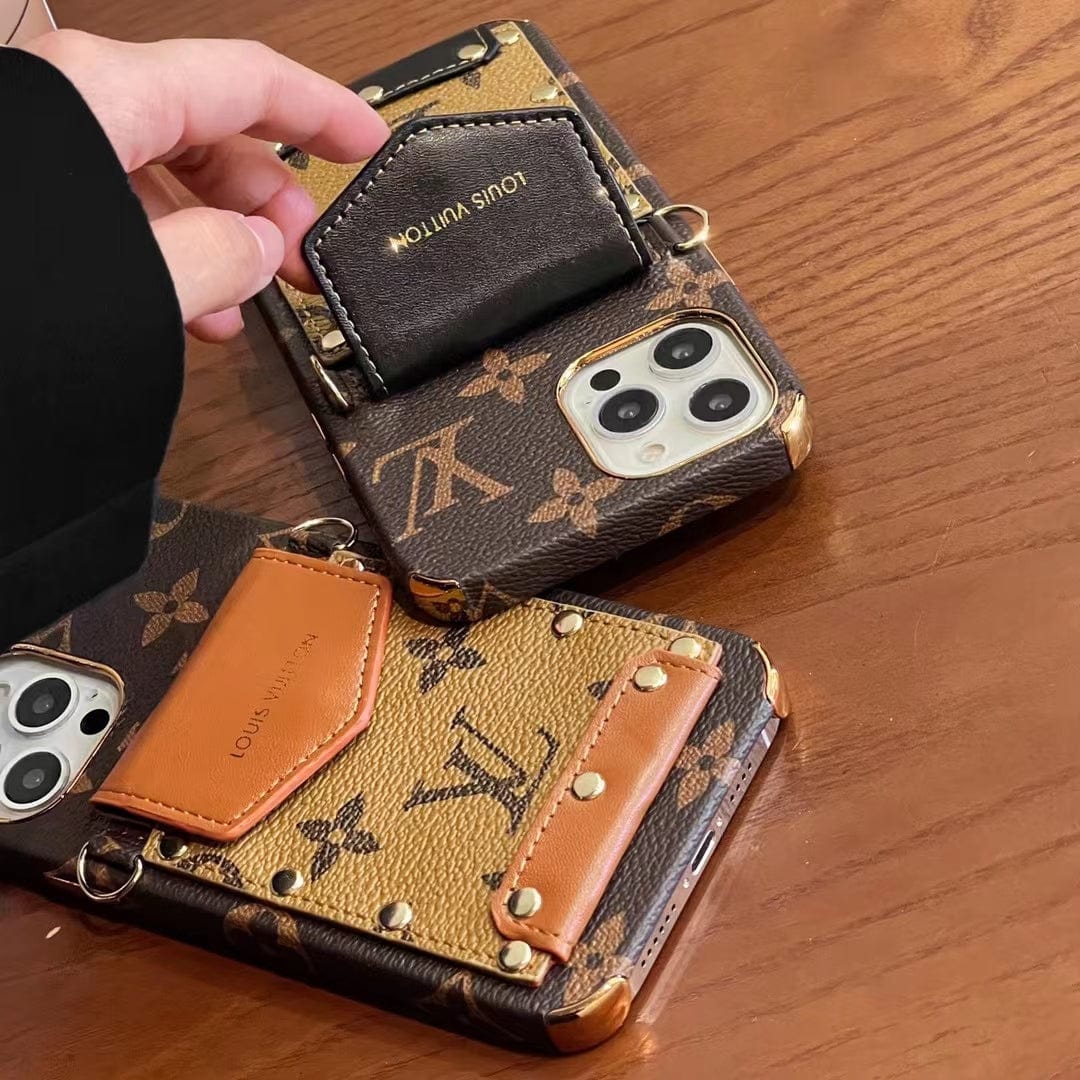 Tunde Store iPhone 12 - 15 Pro Max Leather Case With Louis Vuitton Phone Case Crossbody Lanyard Card