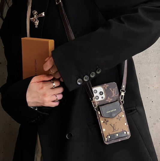Tunde Store iPhone 12 - 15 Pro Max Leather Case With Louis Vuitton Phone Case Crossbody Lanyard Card