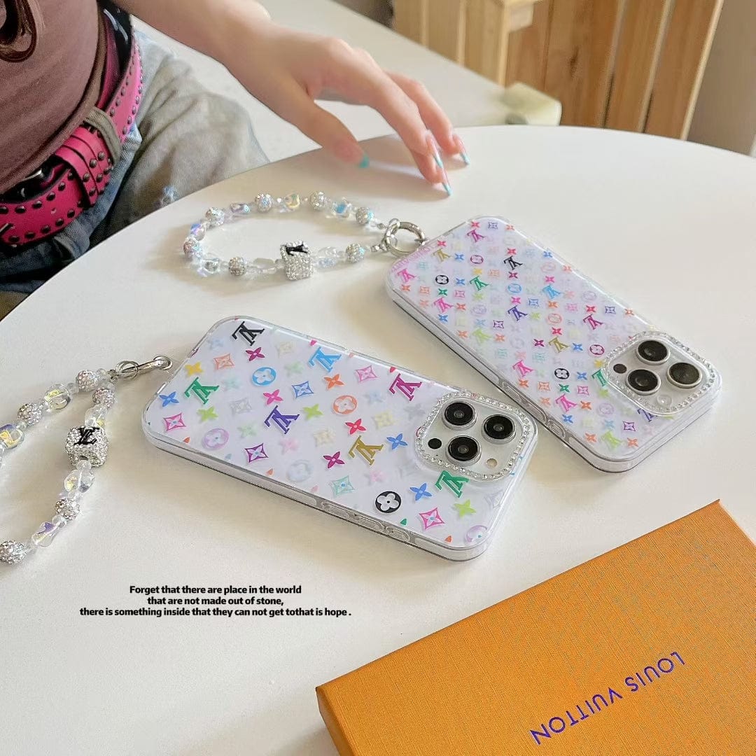 Tunde Store Louis Vuitton Rainbow Monogram Clear iPhone Case with Crystal Camera Ring & Beaded Chain