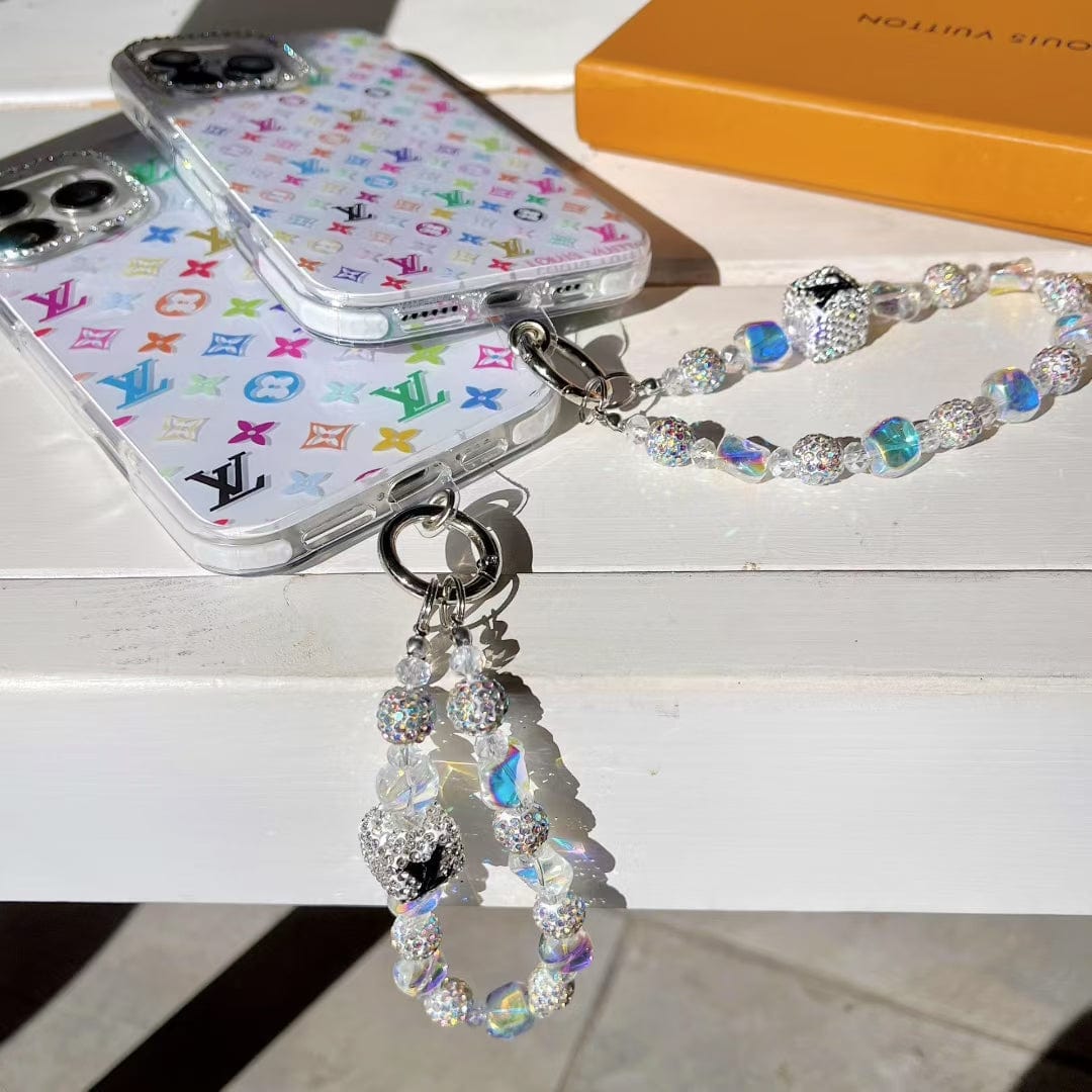 Tunde Store Louis Vuitton Rainbow Monogram Clear iPhone Case with Crystal Camera Ring & Beaded Chain