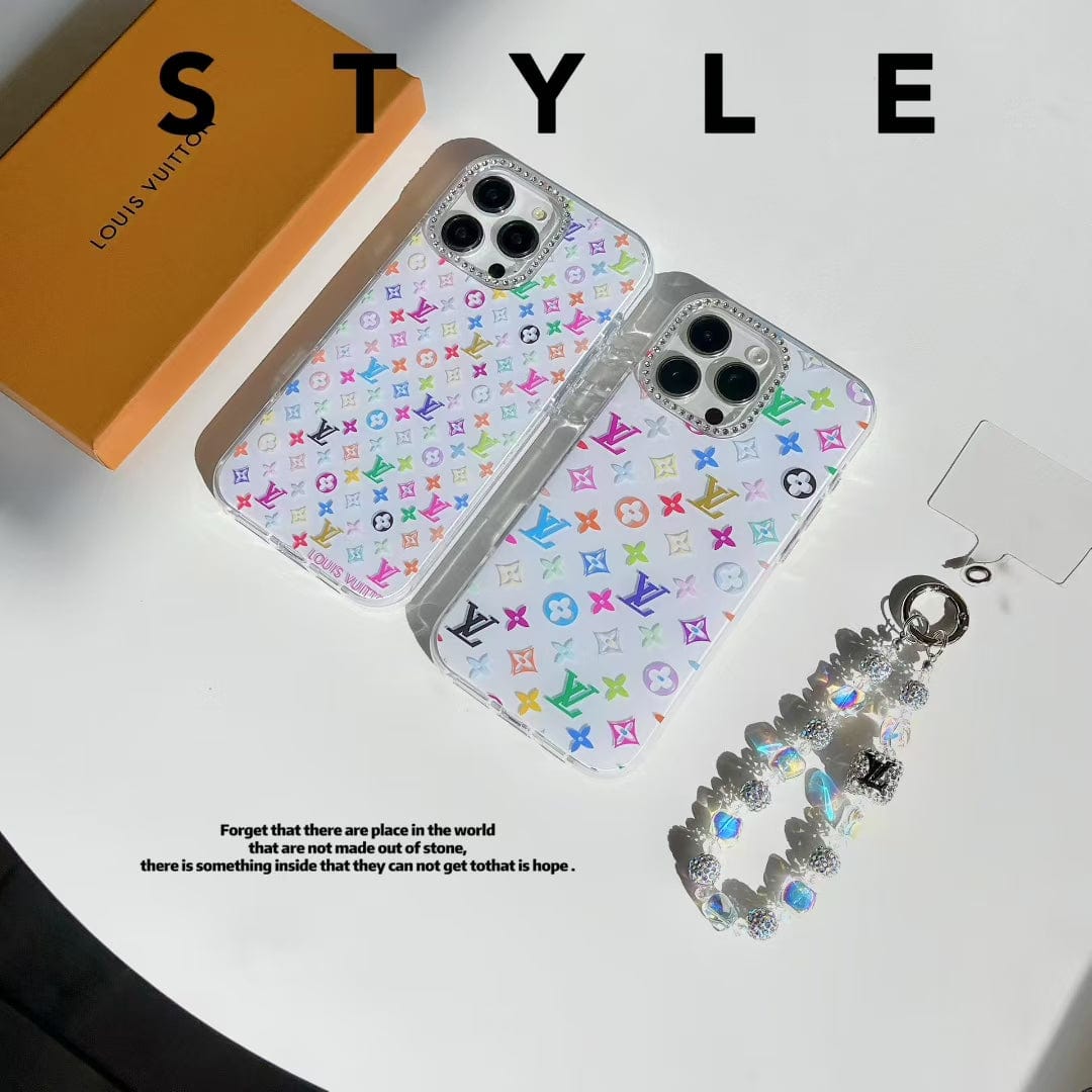 Tunde Store Louis Vuitton Rainbow Monogram Clear iPhone Case with Crystal Camera Ring & Beaded Chain