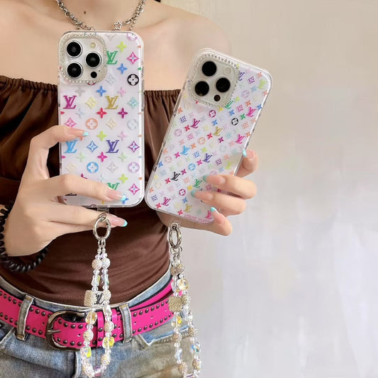 Tunde Store Louis Vuitton Rainbow Monogram Clear iPhone Case with Crystal Camera Ring & Beaded Chain