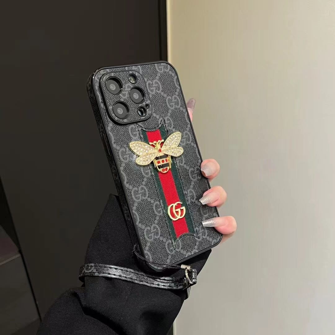 Tunde Store Luxury Bee Emblem Designer Phone Case for iPhone 11 to 16 with Wrist Strap