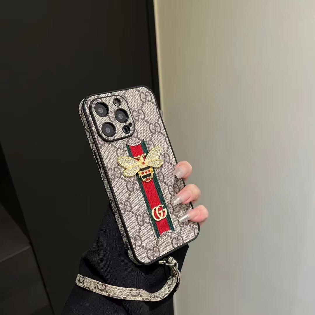 Tunde Store Luxury Bee Emblem Designer Phone Case for iPhone 11 to 16 with Wrist Strap