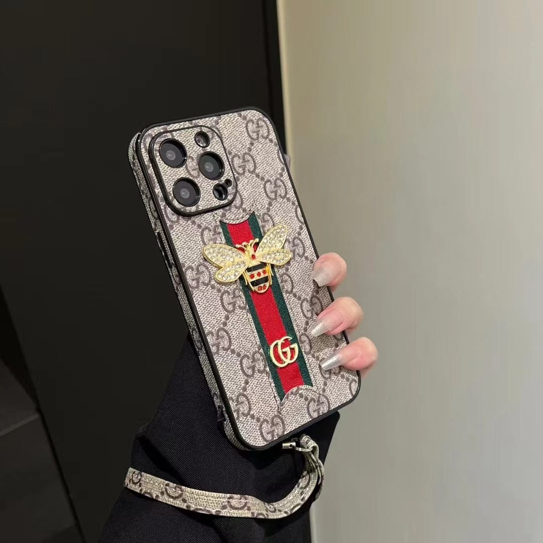 Tunde Store Luxury Bee Emblem Designer Phone Case for iPhone 11 to 16 with Wrist Strap