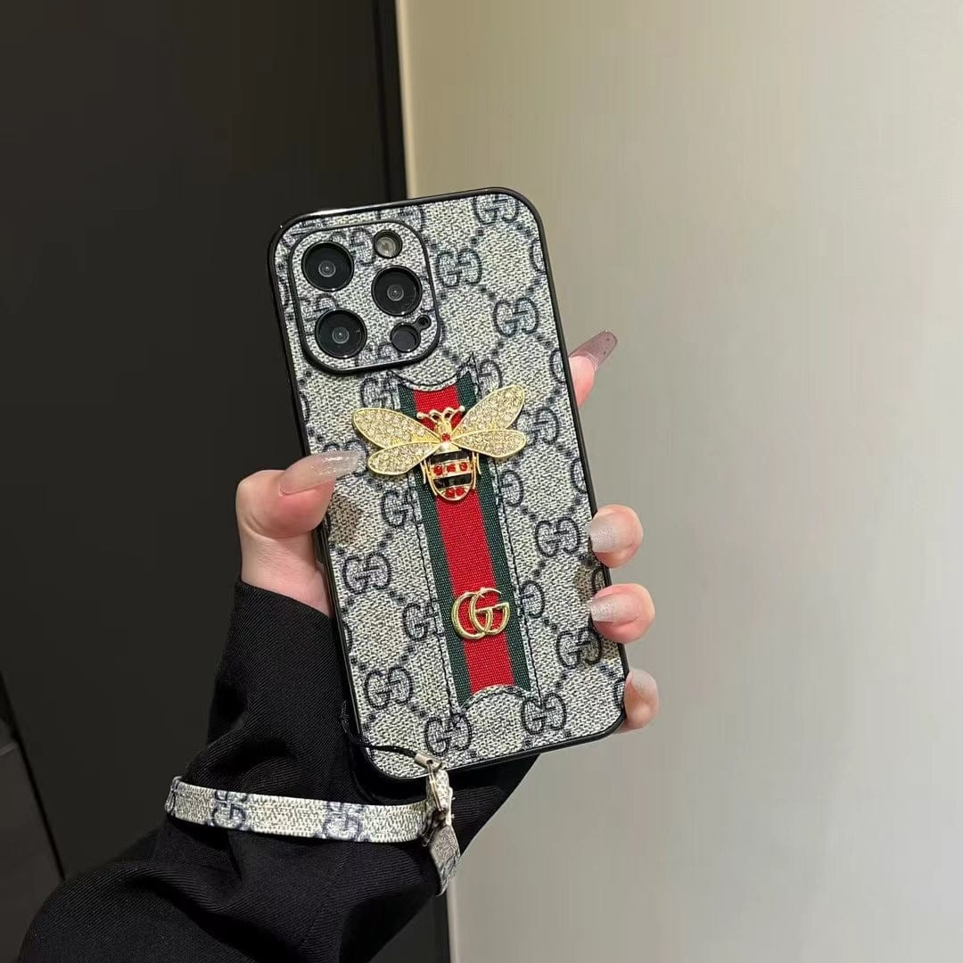 Tunde Store Luxury Bee Emblem Designer Phone Case for iPhone 11 to 16 with Wrist Strap