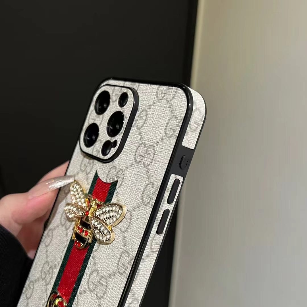 Tunde Store Luxury Bee Emblem Designer Phone Case for iPhone 11 to 16 with Wrist Strap