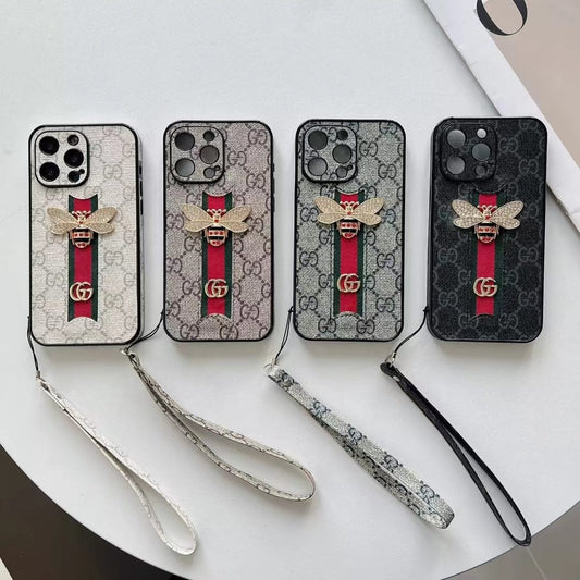 Tunde Store Luxury Bee Emblem Designer Phone Case for iPhone 11 to 16 with Wrist Strap