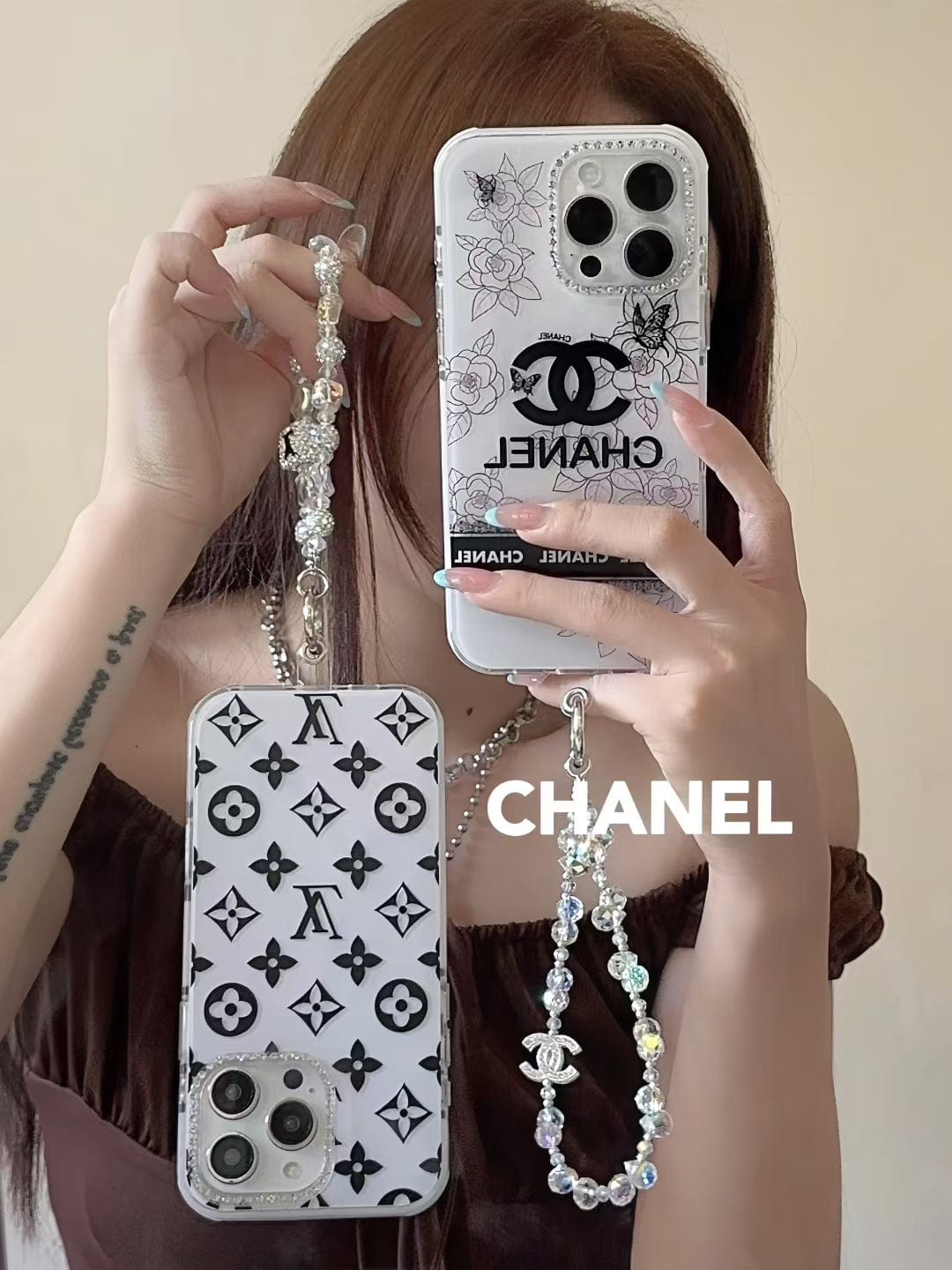 Tunde Store Luxury Monochrome iPhone Case Set – Louis Vuitton & Chanel Inspired with Beaded Strap