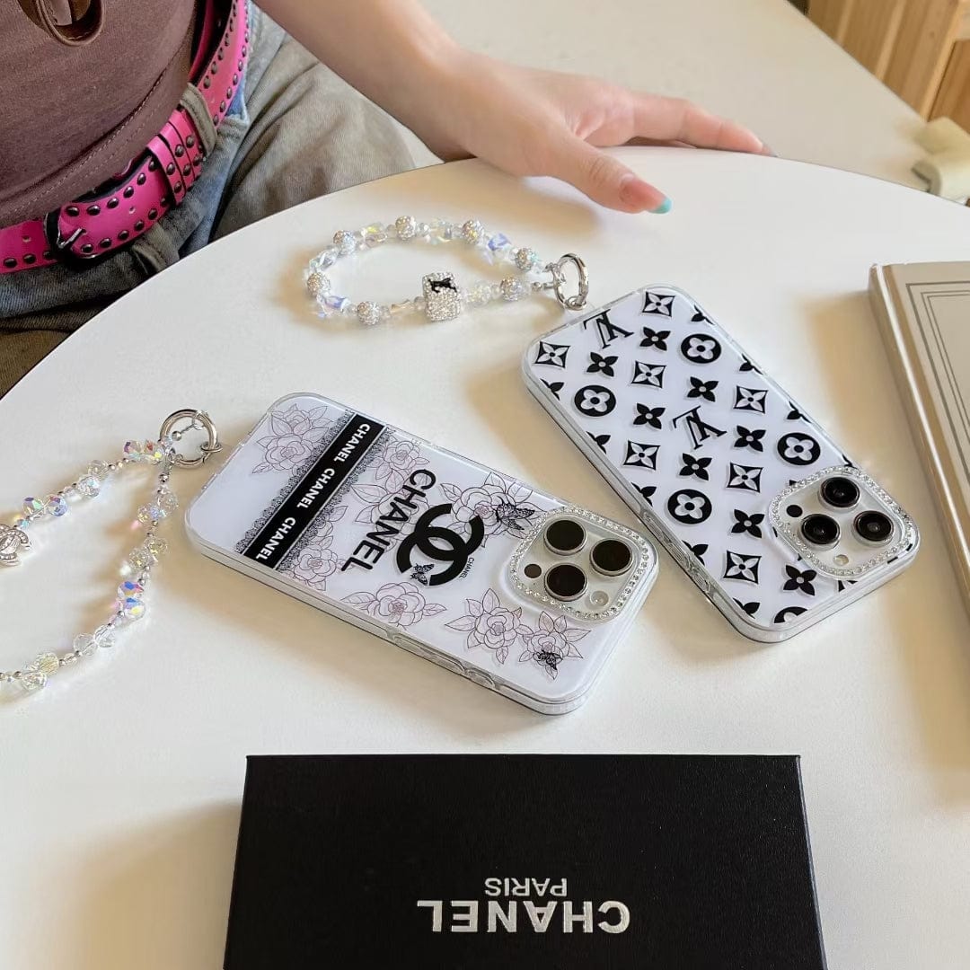 Tunde Store Luxury Monochrome iPhone Case Set – Louis Vuitton & Chanel Inspired with Beaded Strap