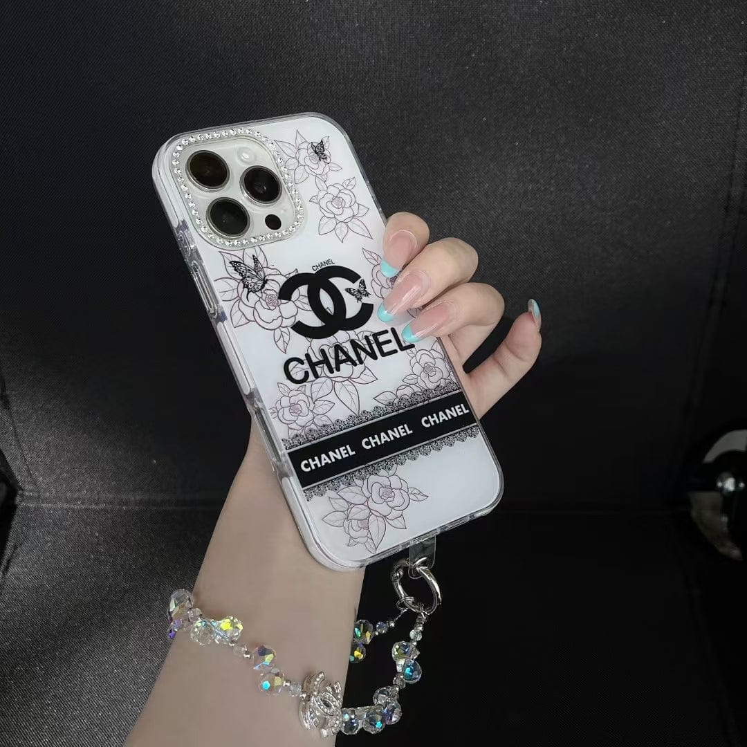 Tunde Store Luxury Monochrome iPhone Case Set – Louis Vuitton & Chanel Inspired with Beaded Strap