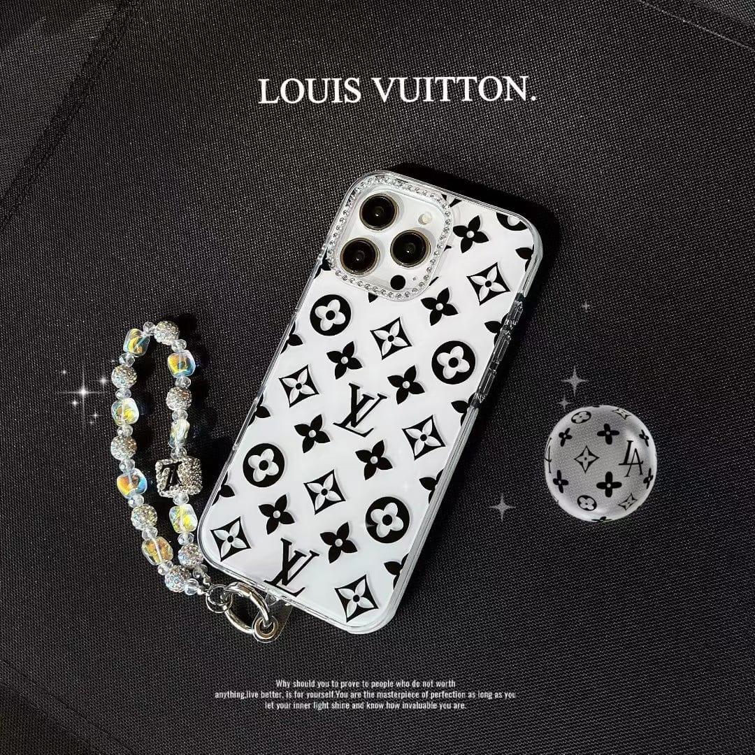 Tunde Store Luxury Monochrome iPhone Case Set – Louis Vuitton & Chanel Inspired with Beaded Strap