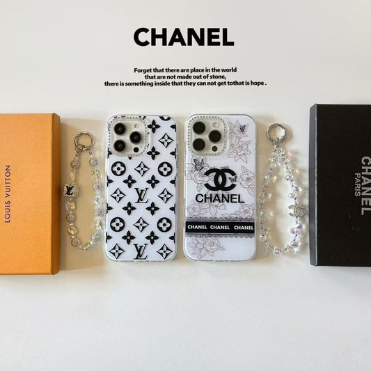Tunde Store Luxury Monochrome iPhone Case Set – Louis Vuitton & Chanel Inspired with Beaded Strap