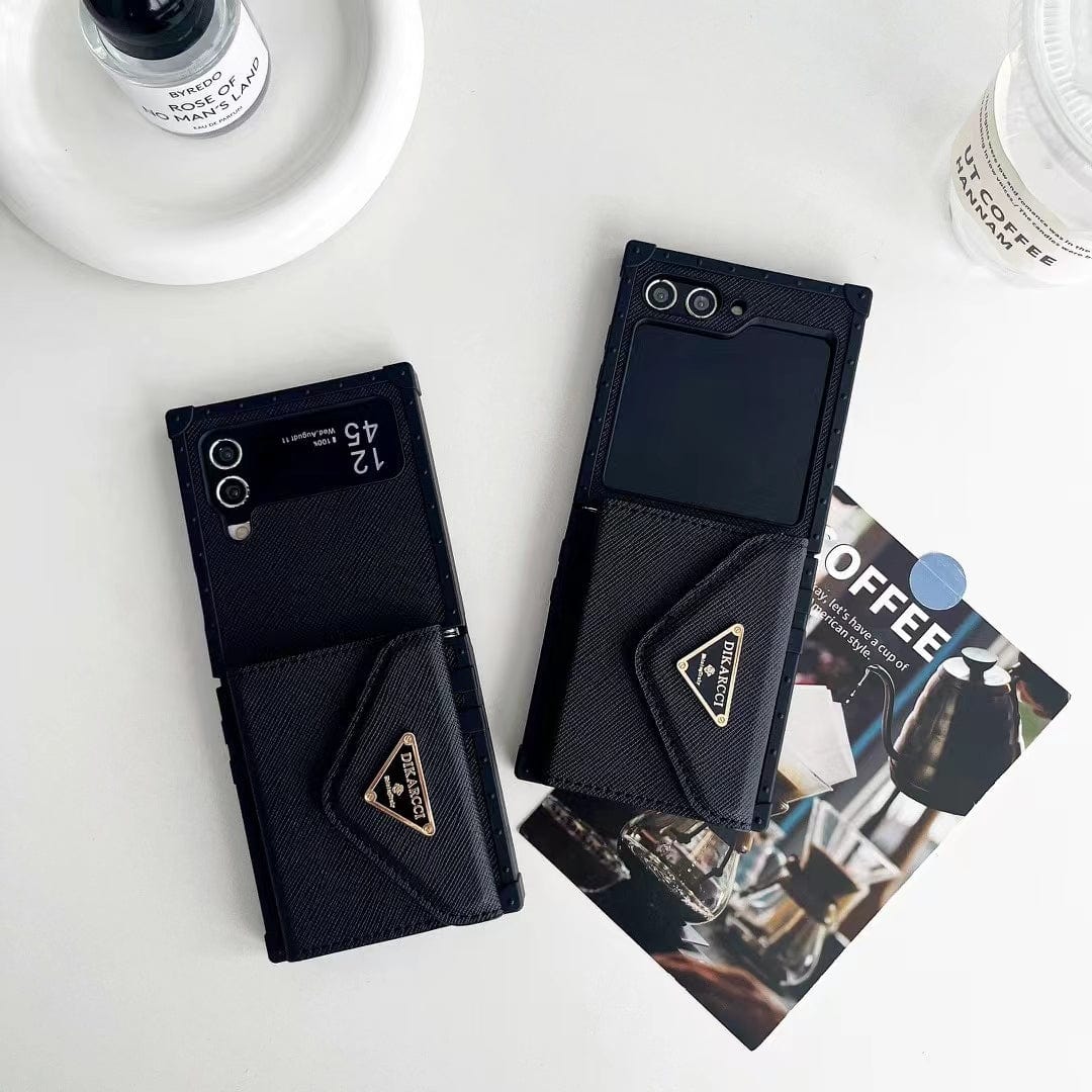 Tunde Store Prada Black Leather Z Flip 3 Cover | Z Flip 4 | Z Flip 5