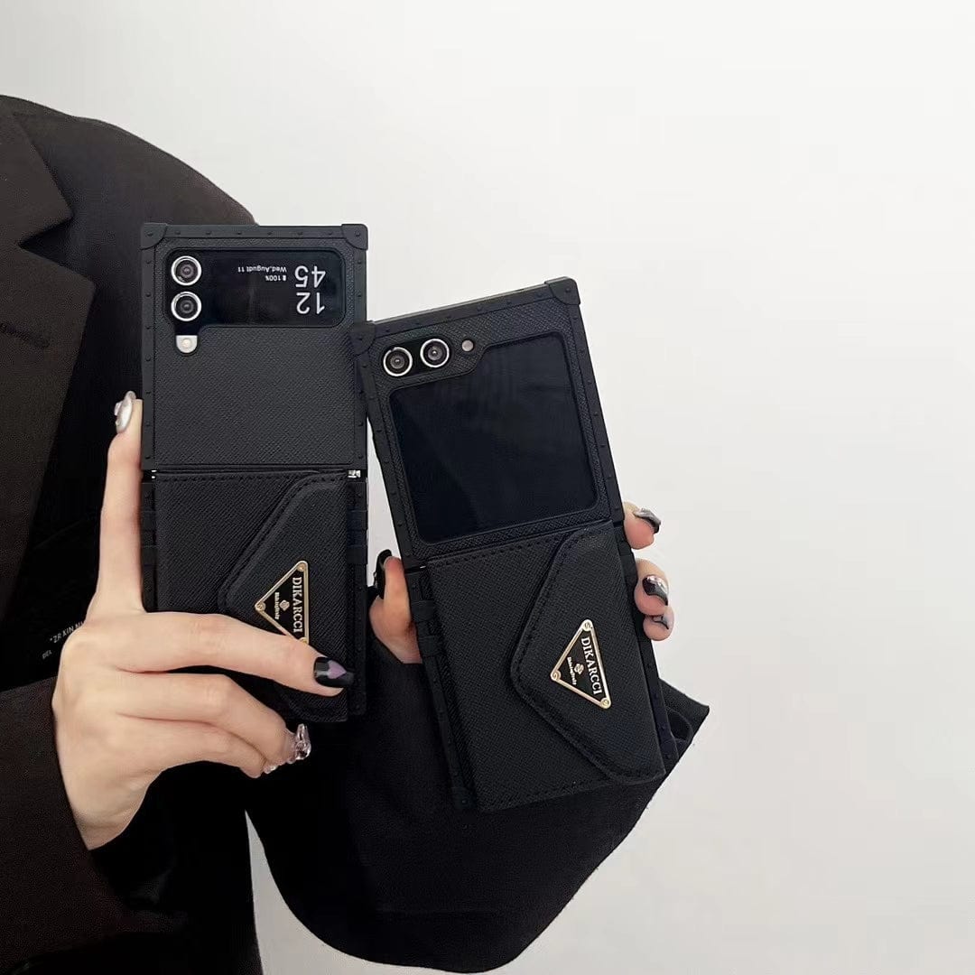 Tunde Store Prada Black Leather Z Flip 3 Cover | Z Flip 4 | Z Flip 5